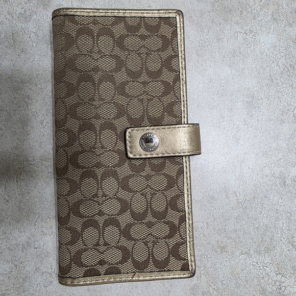 Coach Handbags - Coach Signature Canvas Continental Wallet in Brown/Gold